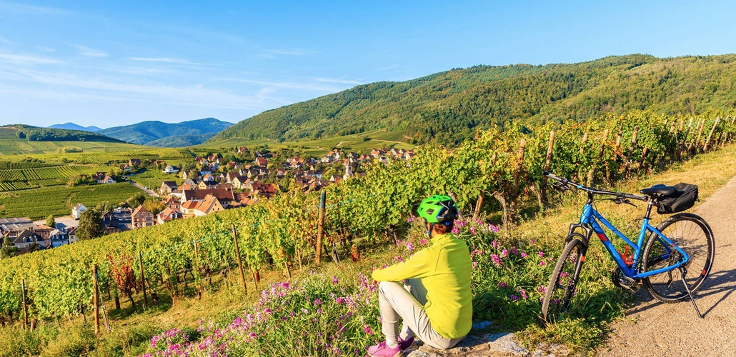 Radelpause mit Blick auf Riquewihr - pkazmierczak - pkazmierczak /Adobe.com