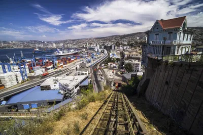 Funicular train 21 de Mayo May 21st and Valparaiso Port on Artillery Hill Valparaiso Province Chile_2